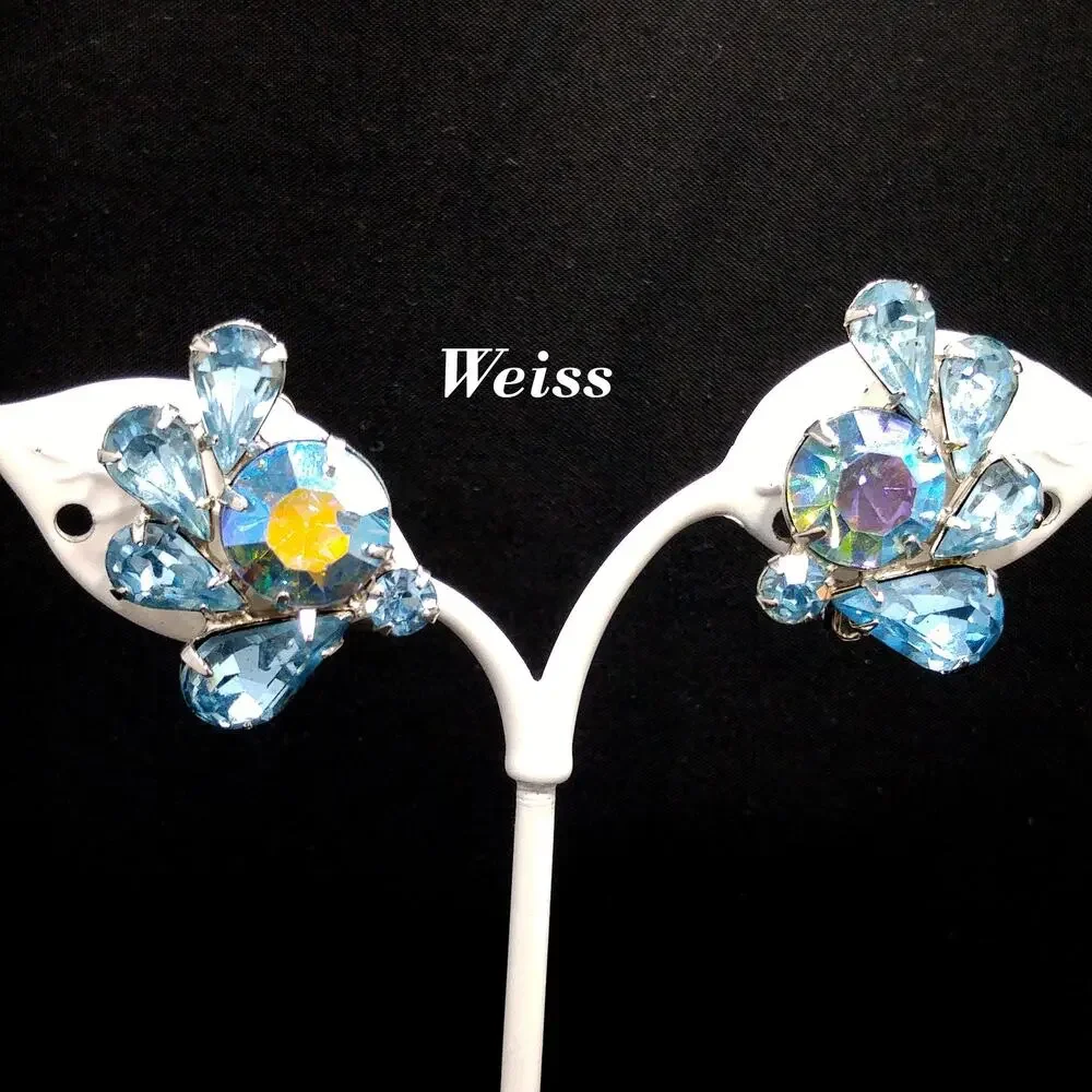Vintage Weiss Blue AB Rhinestone Clip Earrings Rhodium Plated